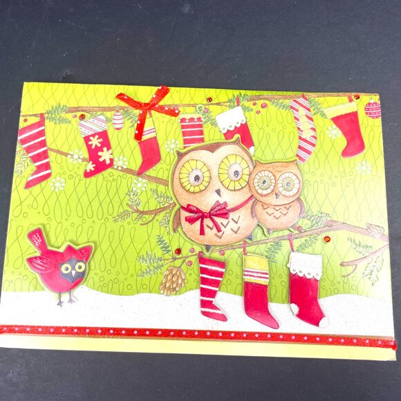 Set of 8 Vintage Paper Magic Group Owls & Stockings Pop-Up 3D Christmas Cards - Picture 3 of 9